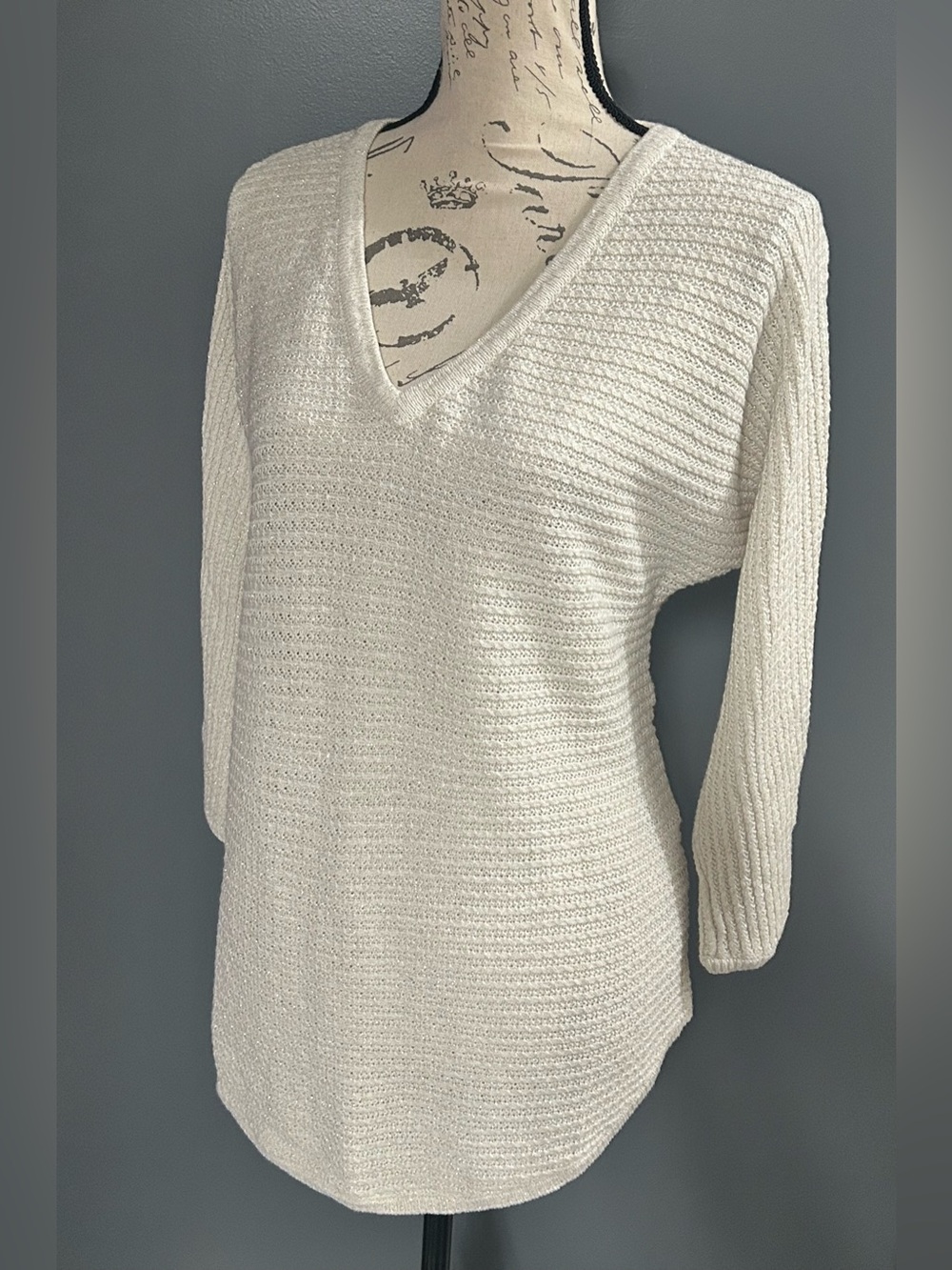 New York & Company Ivory Metallic Knit V-Neck Sweater